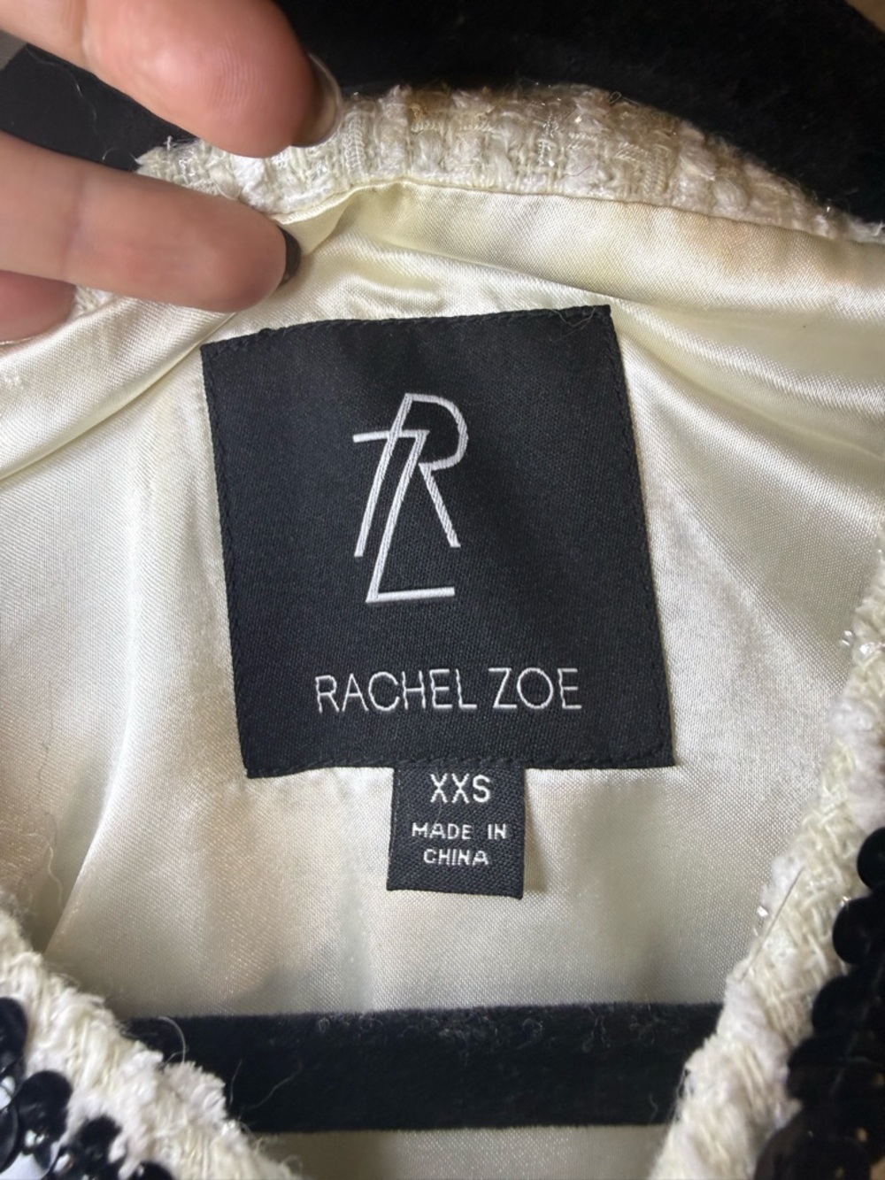 Rachel Zoe white tweed vest featuring black sequin trim and patch pocket - Picture 3 of 7